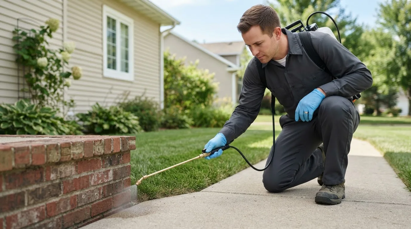 Pest control technician treating a home near Meridale, NY