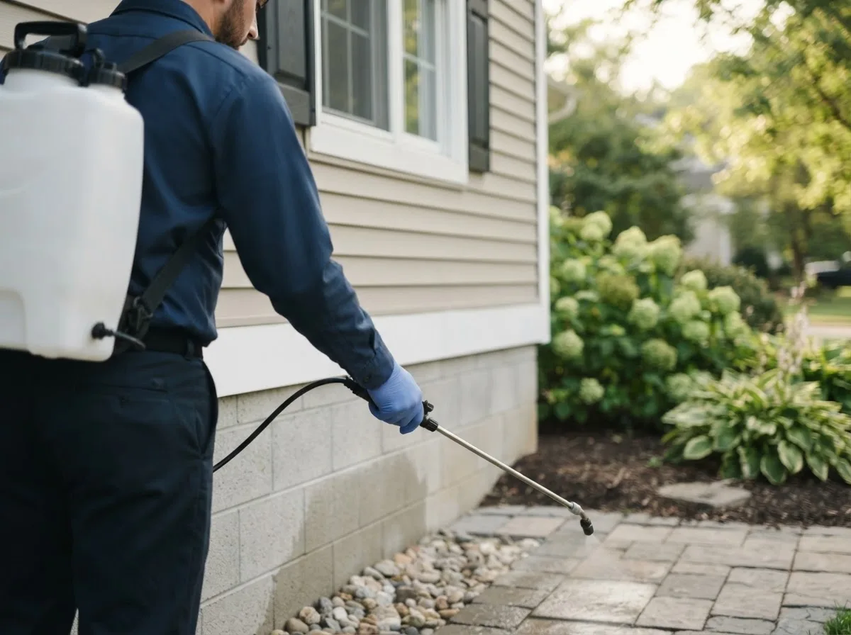 Pest control technician inspecting a home in Meridale, NY